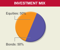 Investment mix about Bonds: 50%, Equities: 50%